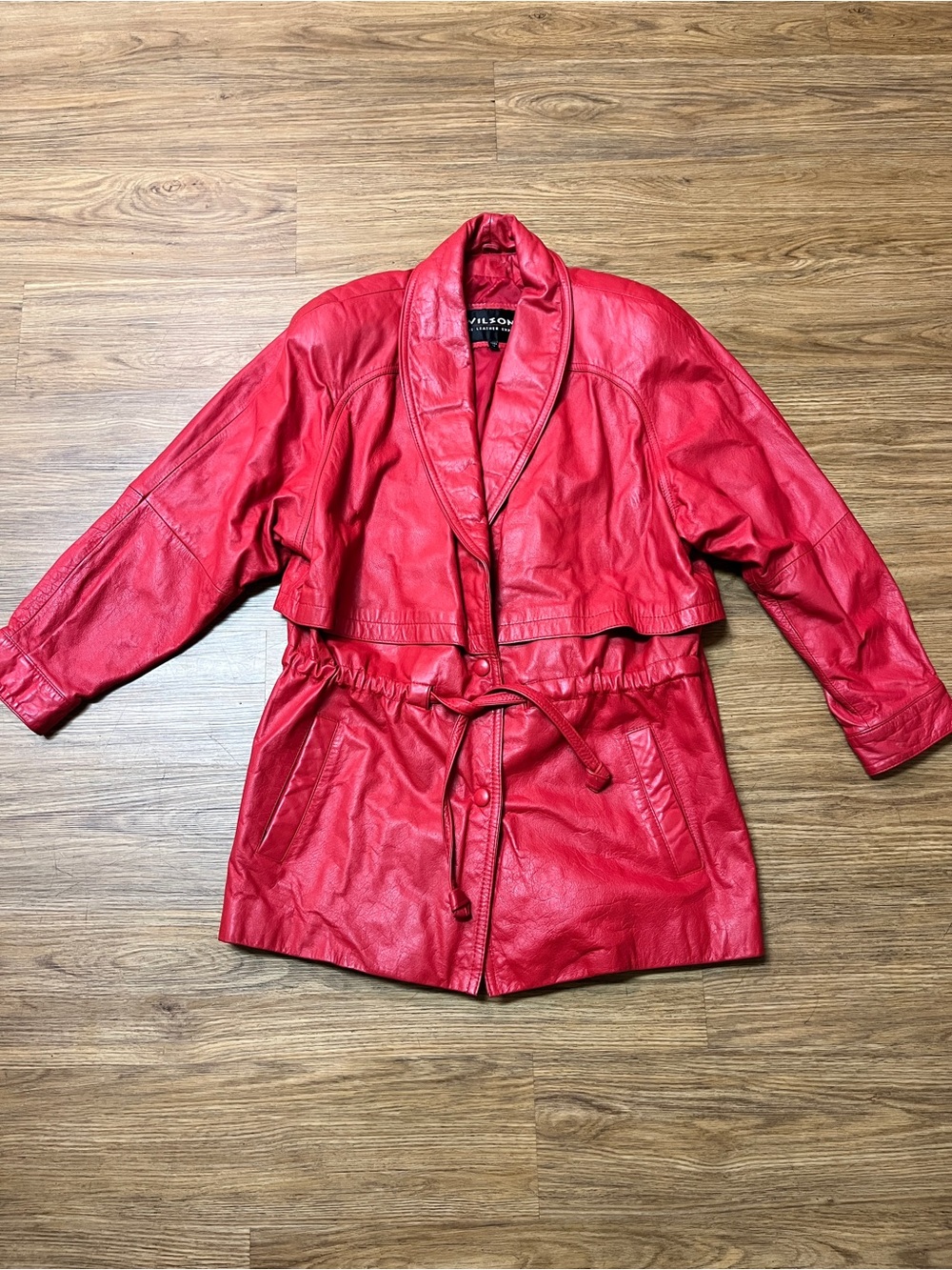 Vintage Wilsons Red Genuine Leather Shawl Collar Belted Coat Jacket Medium